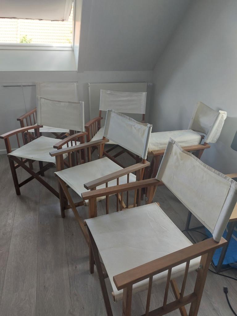 Set van 6 houten regisseursstoelen met witte stof, Gebruikt, Wit, Ophalen of Verzenden, Stof