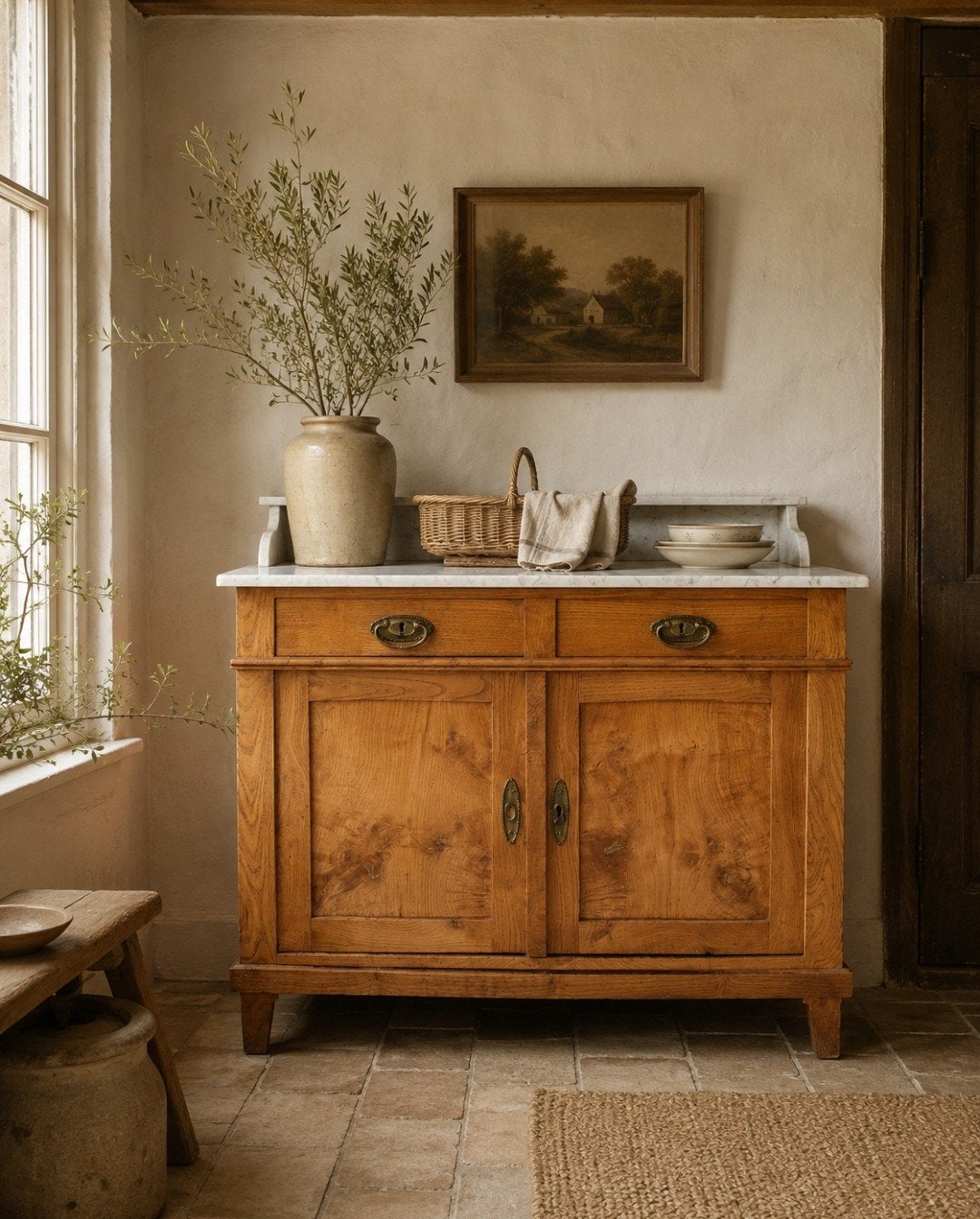 ️ ❤️ Compact antiek dressoir met marmeren blad., Ophalen, 25 tot 50 cm