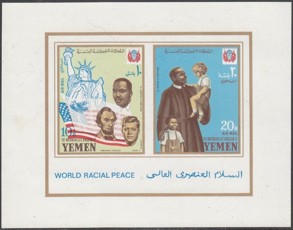 Wereldvrede Jemen Koninkrijk Blok 130 met Kennedy, M.L. King, Ophalen of Verzenden, Postfris, Overige thema's