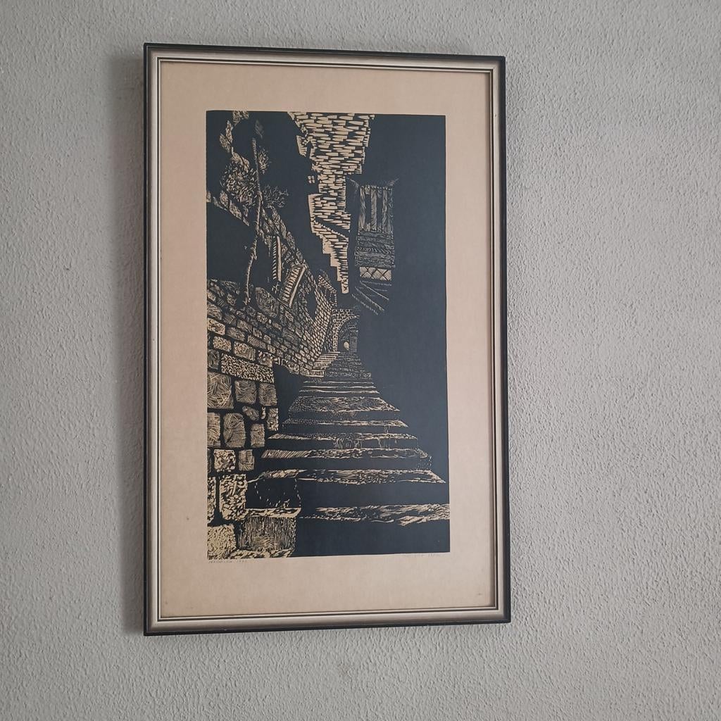 Originele handgesigneerde litho Arieh Kimhi – Jerusalem 1974, 1950 - 1999, Stadsgezicht, Ingelijst, Ophalen of Verzenden