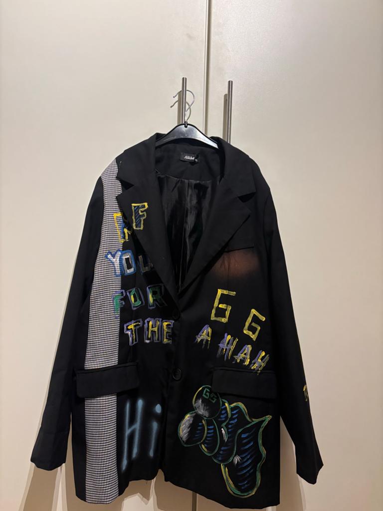 Unieke handgeschilderde blazer - Maat L, Ophalen of Verzenden, Zo goed als nieuw, Maat 42/44 (L), Zwart