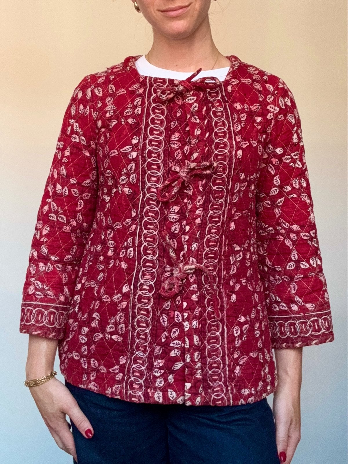 Vintage jaren 70 Indian Cotton jasje blaadjespatroon XS/S, Kleding | Dames, Ophalen of Verzenden, Gedragen, Maat 34 (XS) of kleiner