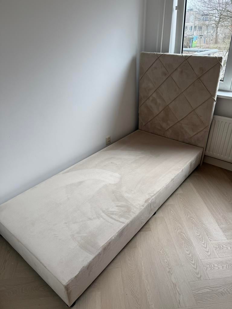 Boxspring 1 persoons velvet velours eric kuster modern, Huis en Inrichting, Slaapkamer | Bedden, 90 cm, Eenpersoons, Beige, Ophalen of Verzenden