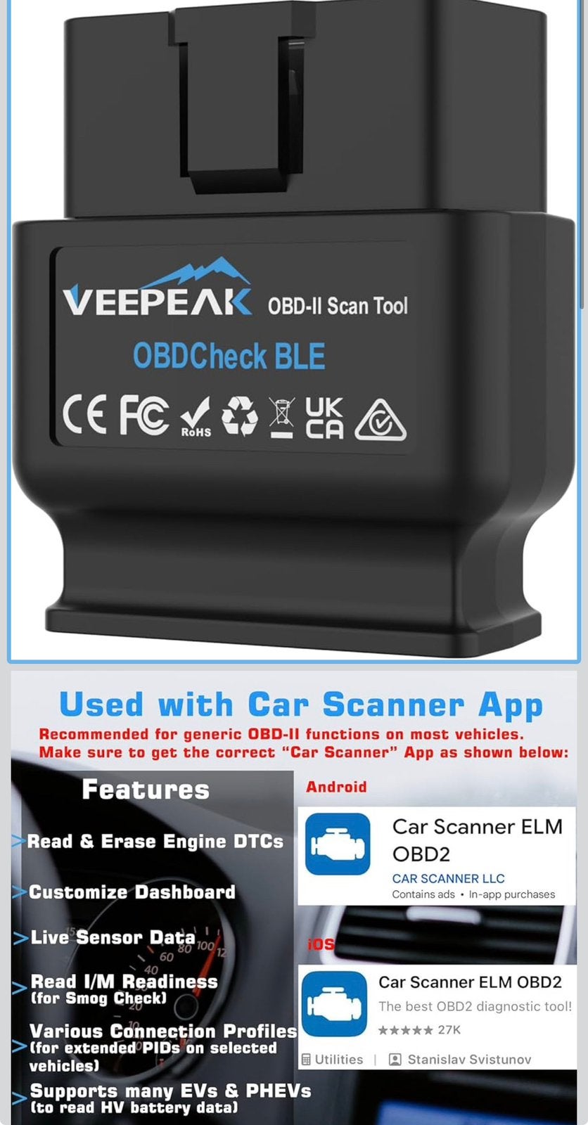 Veepeak OBDCheck BLE Bluetooth OBD II EOBD bimmerlink, Auto diversen, Ophalen