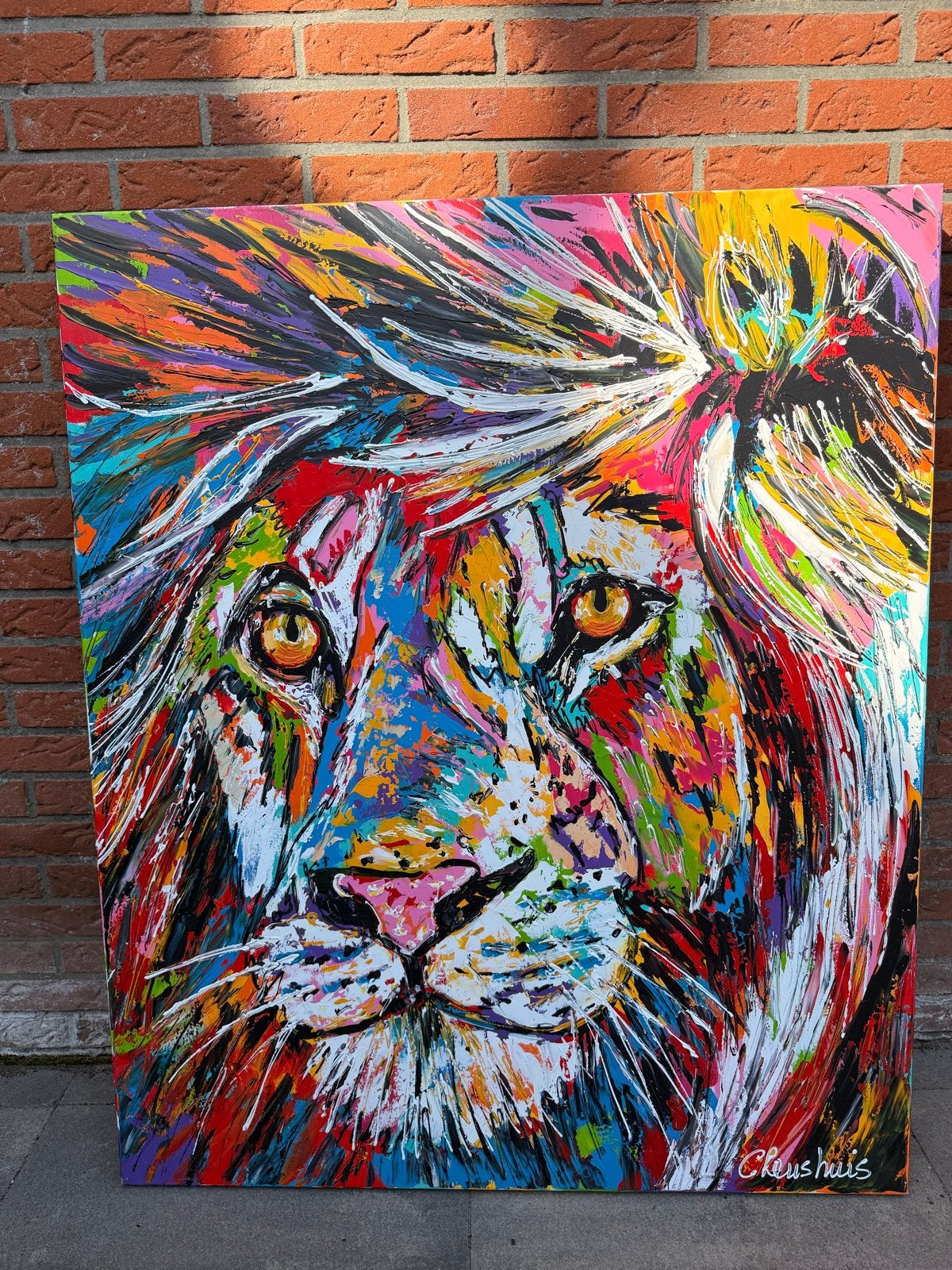 Kleurrijk Leeuwen Portret - Modern Acryl Schilderij, Antiek en Kunst, Kunst | Schilderijen | Modern, Ophalen, Acrylverf, Dieren