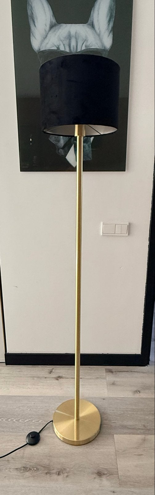 Gouden vloerlamp met zwarte velours lampenkap - 164cm hoog, Ophalen, E27 (groot), Zo goed als nieuw, Metaal