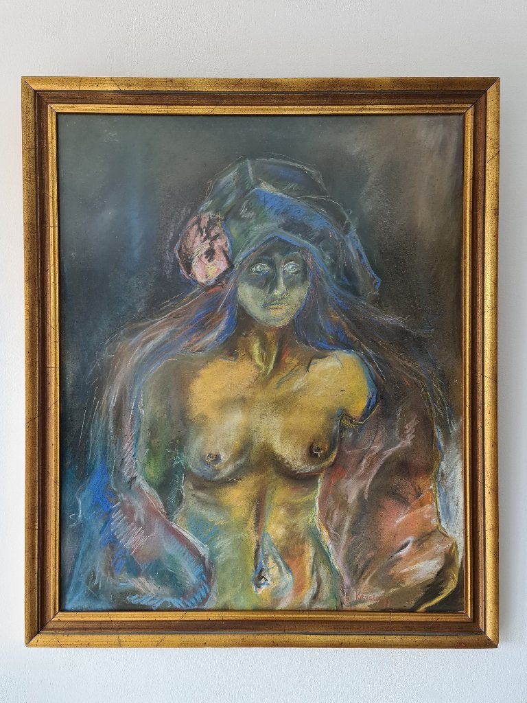 pastel-krijt tekening Kroeze impressionistisch naakt 76x91cm, Ophalen, Ingelijst, Pastel, Portret