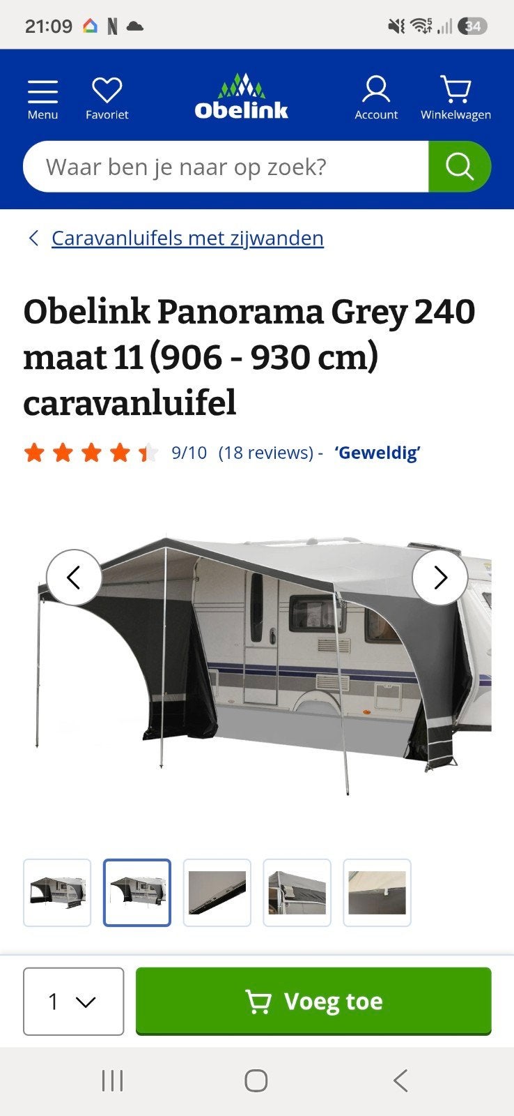 Obelink Panorama Grey 240 maat 11 caravanluifel, Caravans en Kamperen, Voortenten en Luifels, Ophalen of Verzenden, Nieuw, Overige merken