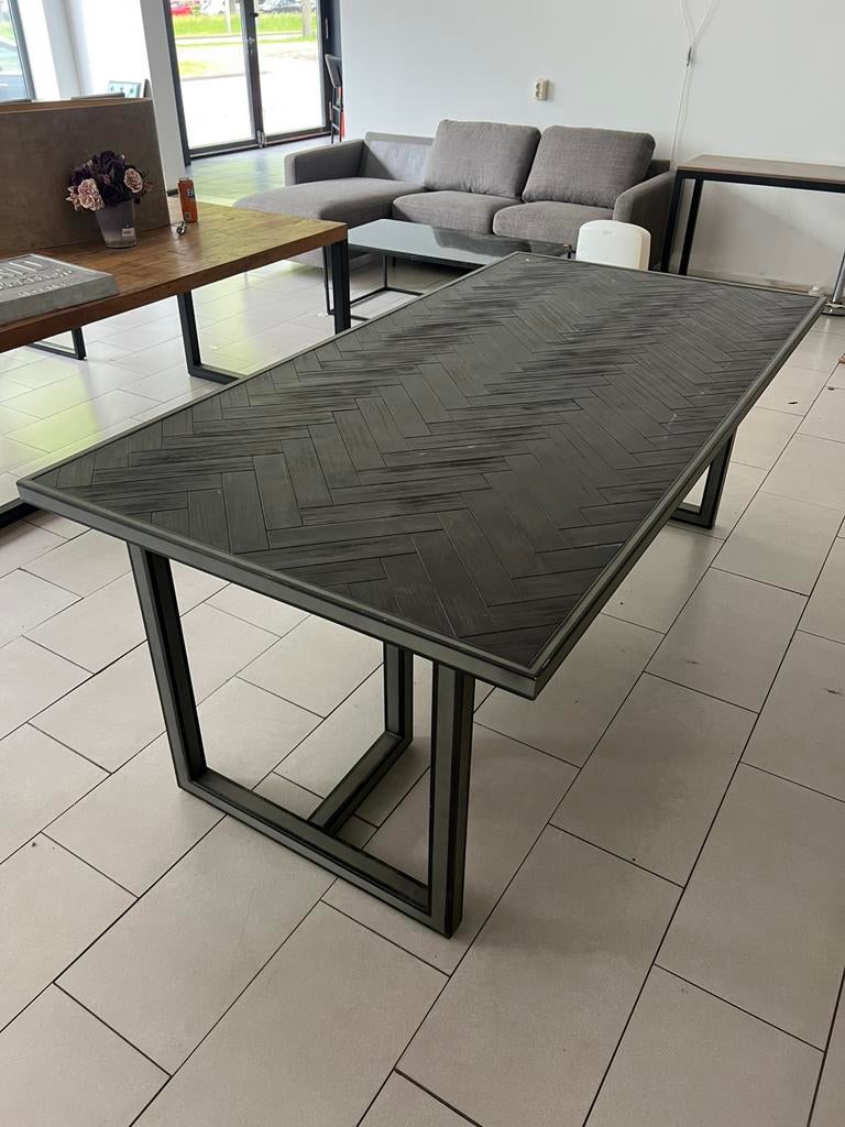 Industriële Visgraat Eettafel 200x100 cm Zwart Hout & Metaal, NVT, 100 tot 150 cm, 200 cm of meer, NVT