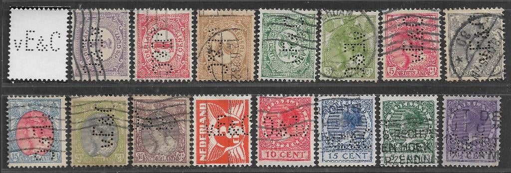 Perfins Nederland  - - -   15  zegels met Perfin  vE&C, Verzenden, T/m 1940, Gestempeld