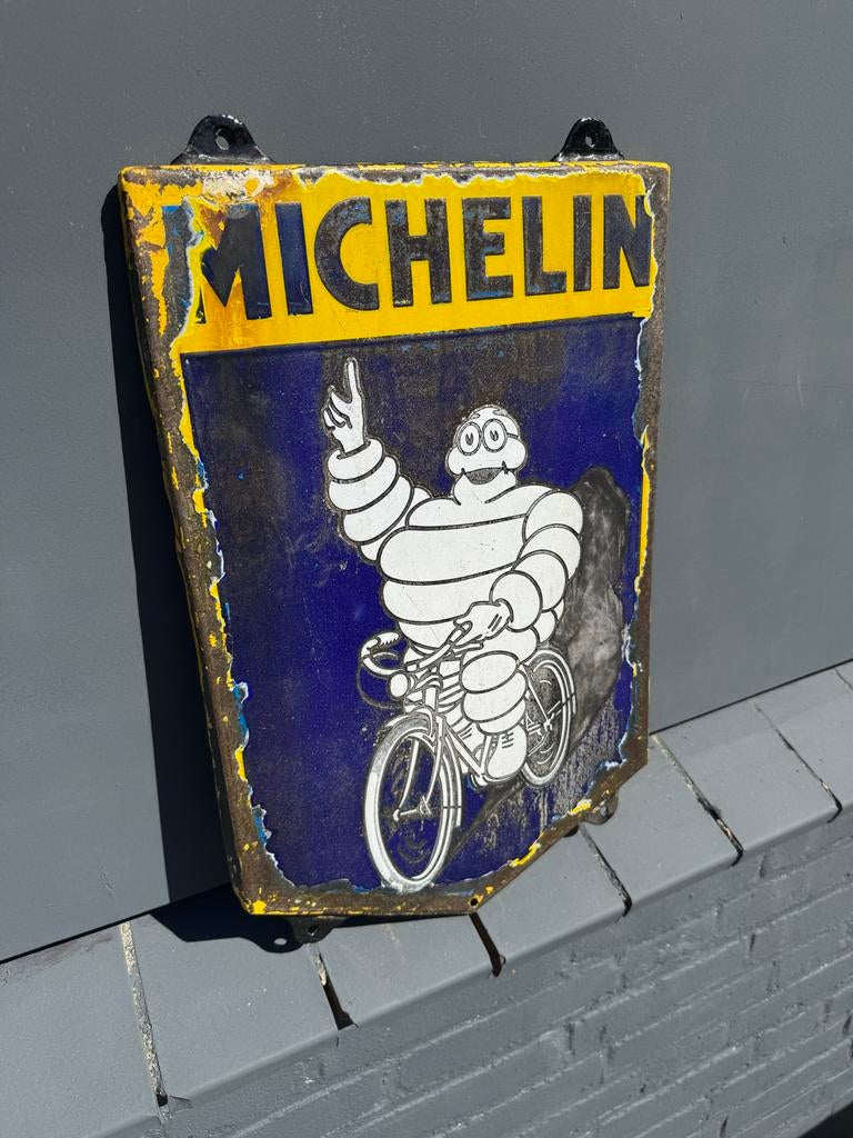 Vintage Michelin Emaille Bord - Bibendum op Fiets, Ophalen of Verzenden
