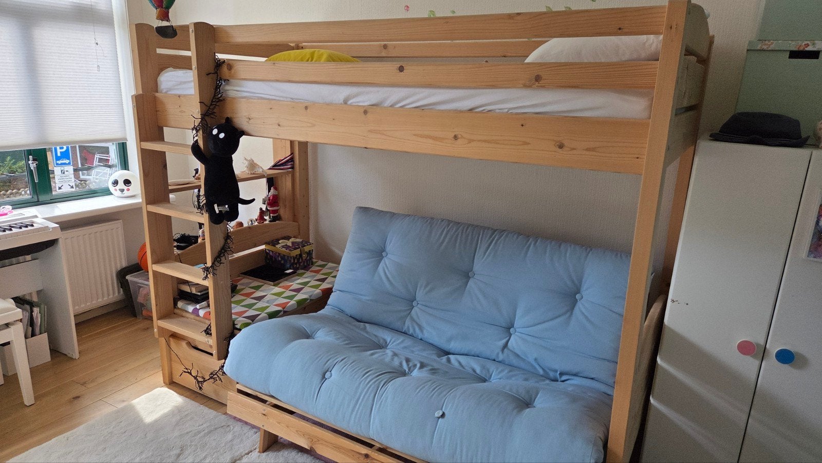 Stevig houten hoogslaper met bureau en bank/bed, Ophalen, Eenpersoons, 160 tot 180 cm, Zo goed als nieuw
