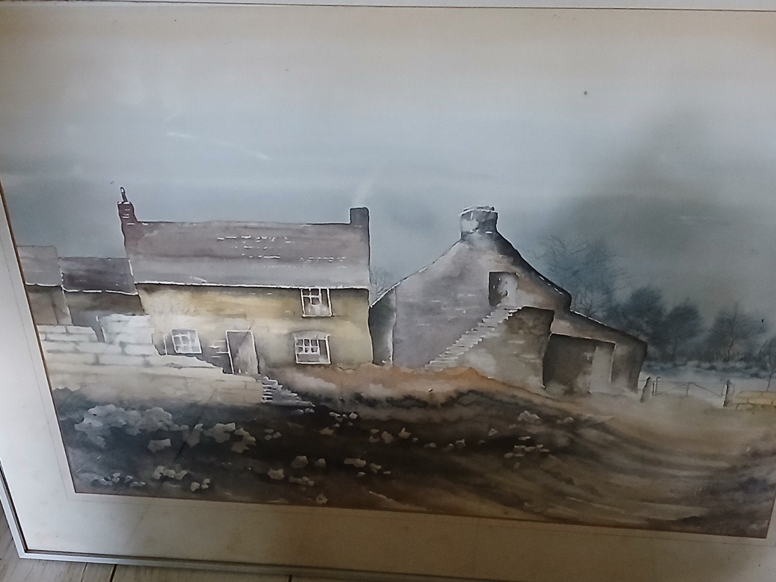 Sfeervolle Aquarel: Landelijk Gezicht met Huizen, Antiek en Kunst, Realistisch, Ophalen of Verzenden, Aquarel, Ingelijst