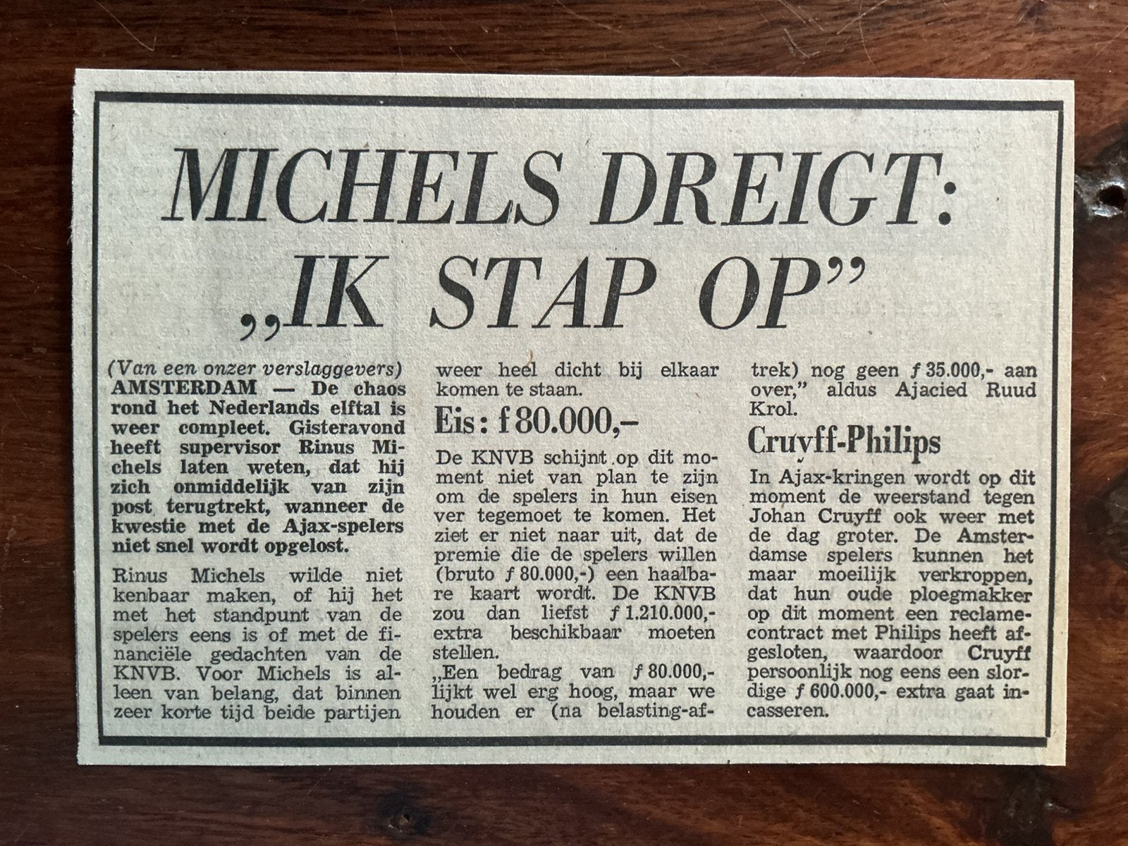 Voetbal krantenartikel Voor WK 1974 Michels dreig Ik stap op, Ophalen of Verzenden, Knipsel(s)