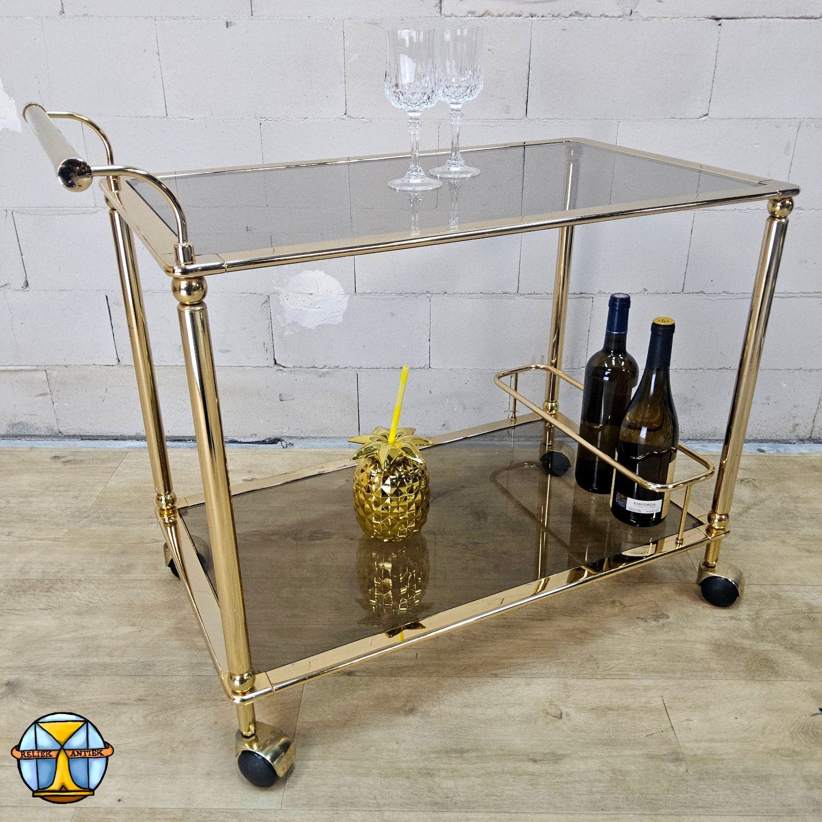 Vintage gouden messing barcart / trolley drankwagen rookglas, ., Ophalen of Verzenden, Zo goed als nieuw, .