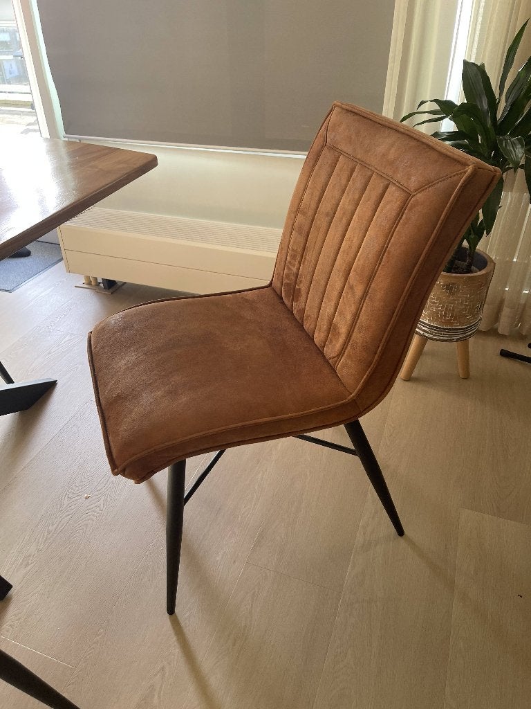 4 eetkamerstoelen Novan - stof - cognackleur, Ophalen, Bruin, Zo goed als nieuw, Metaal