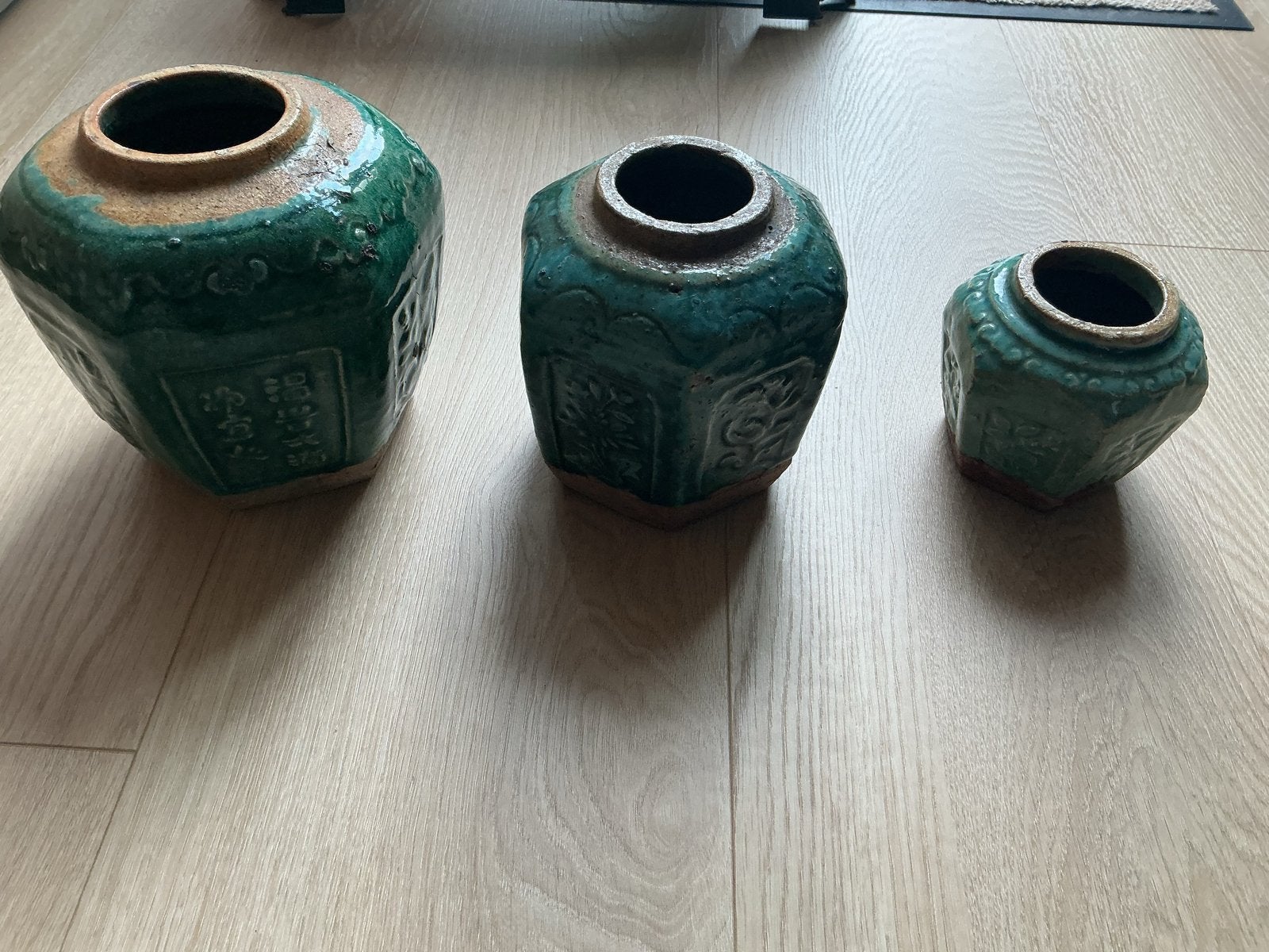 Set van 3 Antieke Chinese Gemberpotten - Groen Geglazuurd, Ophalen