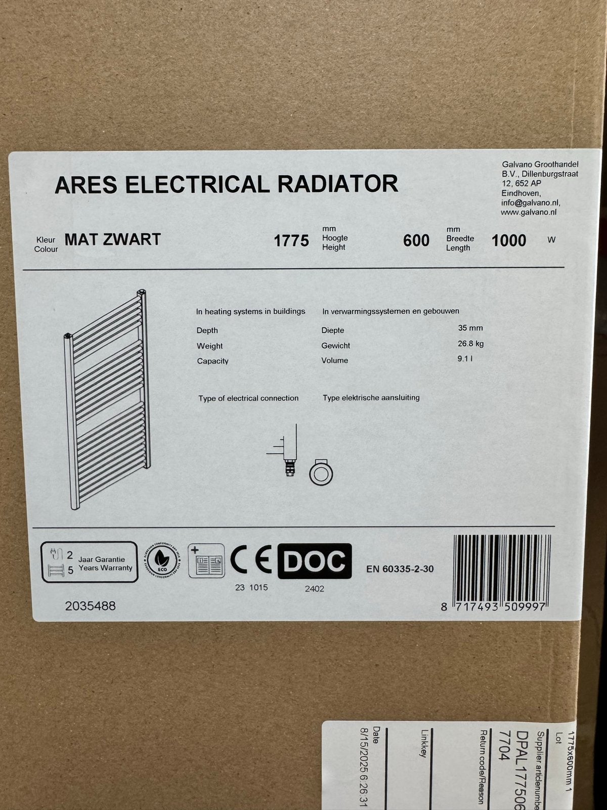 ARES Elektrische Handdoekradiator WIFI Mat Zwart 1775x600mm, Ophalen, Radiator, Nieuw, 60 tot 150 cm