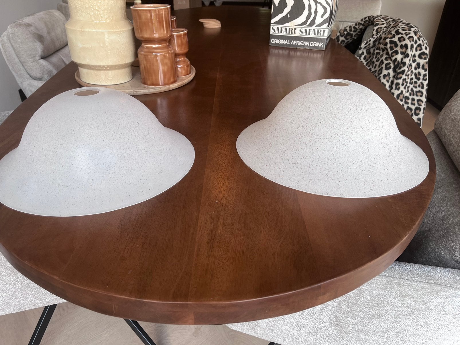 Prachtige set grote vintage/terrazzo glazen lampenkappen, Ophalen of Verzenden, Crème, Glas