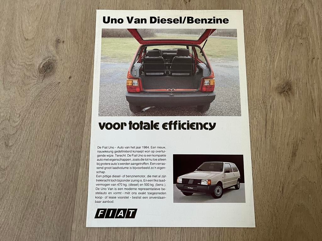 Leaflet Fiat Uno Van Diesel/benzine 1986, Ophalen of Verzenden, Zo goed als nieuw, Overige merken