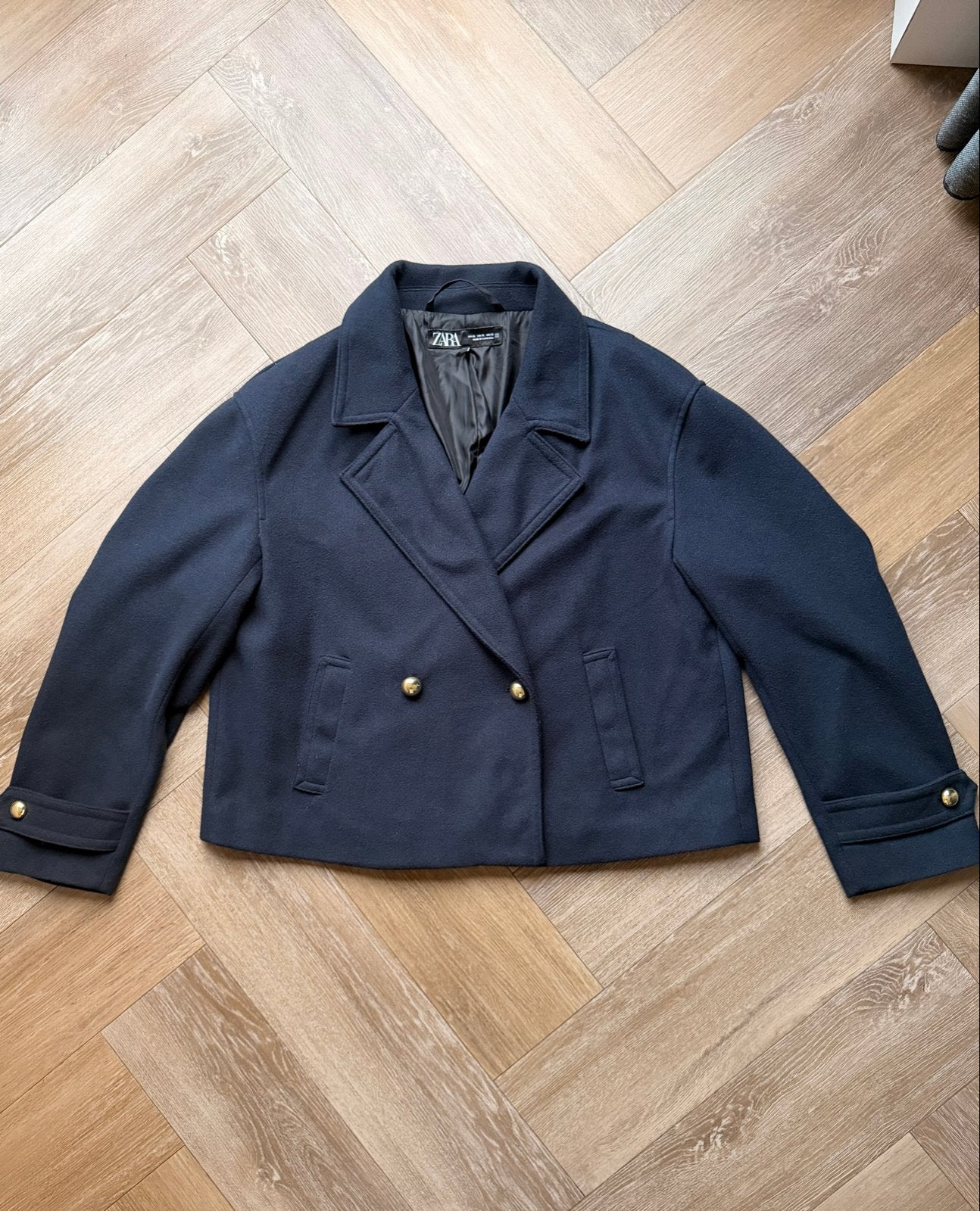 Zara marineblauwe korte jas met gouden knopen, Ophalen of Verzenden, Zo goed als nieuw, Maat 46/48 (XL) of groter, Blauw