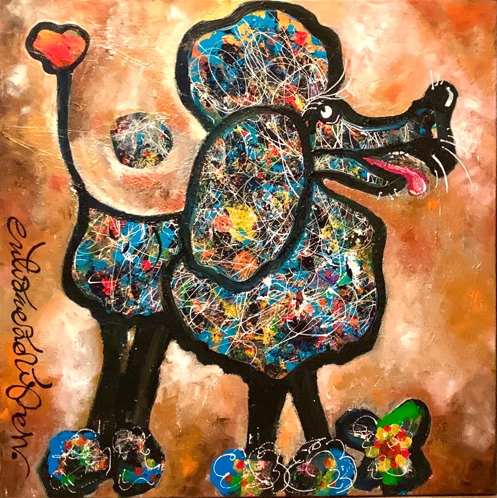 “Proud Poodle” Erik Zwezerijnen €2950, Antiek en Kunst, Ophalen of Verzenden, Op houten frame, Acrylverf, Dieren