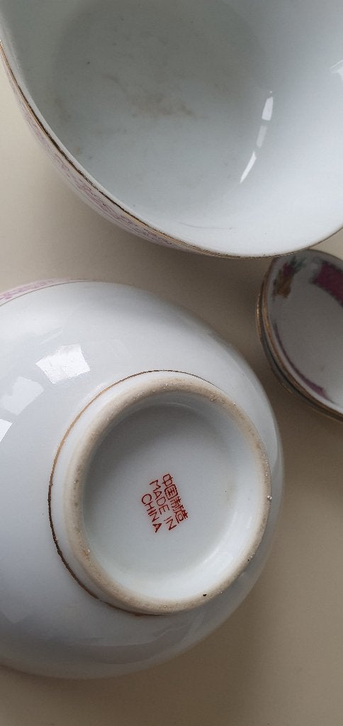 Chinese rijstkommen soepkom 5x +2 lepels rood wit porselein, Aziatisch, Gebruikt, Ophalen of Verzenden, Kom(men)