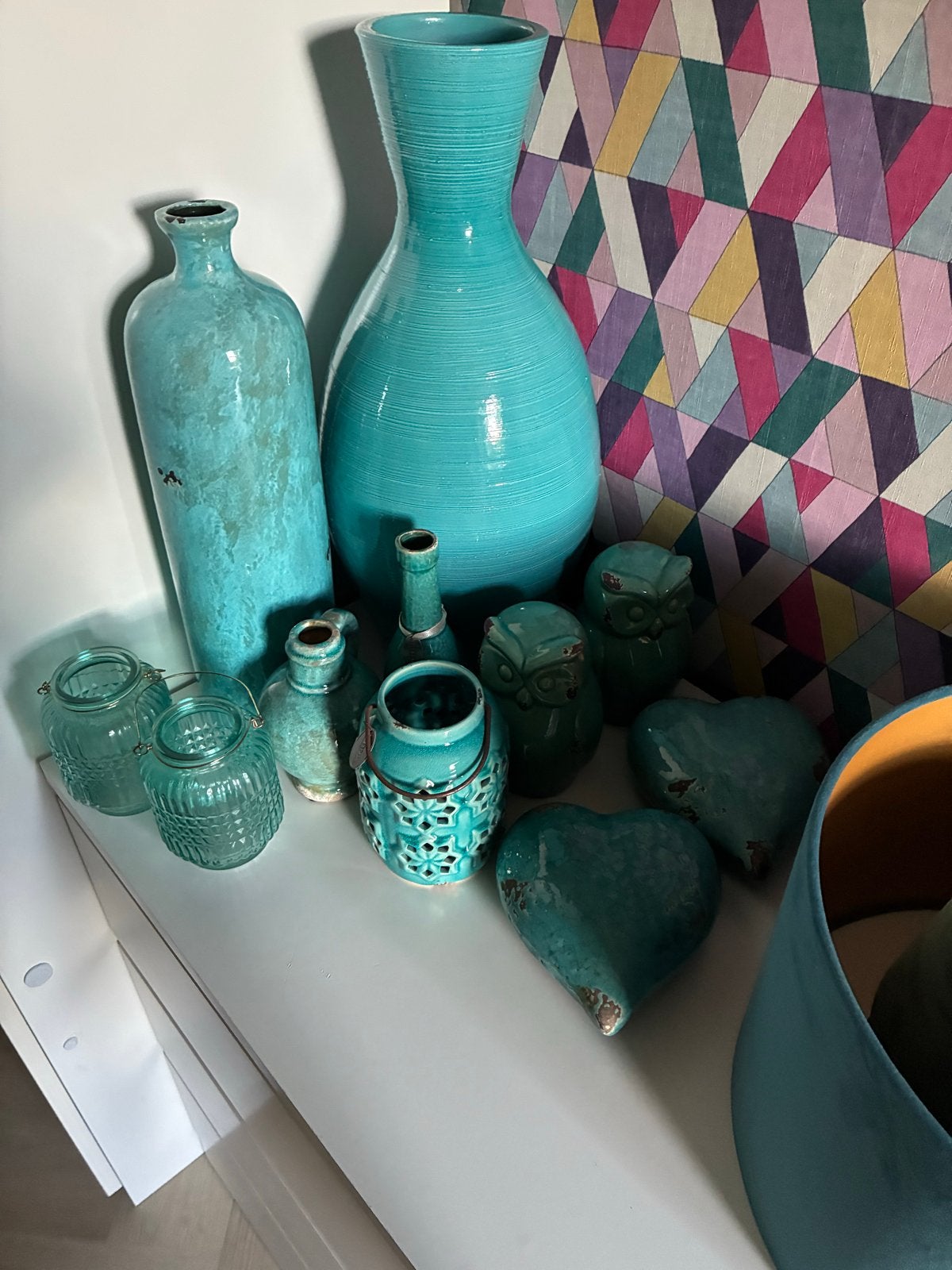 Diverse turquoise decoratie: vazen, uilen, harten, windlicht, Ophalen, Zo goed als nieuw, Blauw, Steen/keramiek