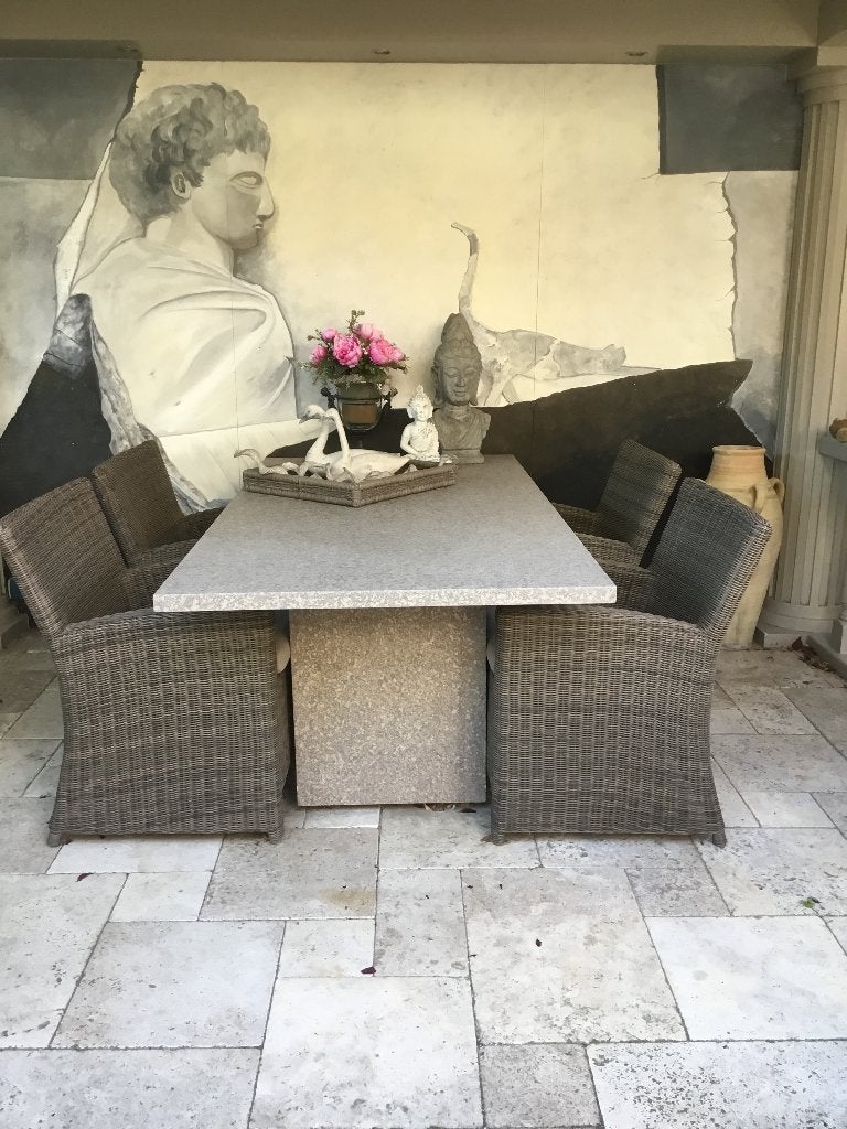 Tuintafel (taupe) Afm.200x100 ho.75, met vier stoelen., Ophalen, Zo goed als nieuw, Rechthoekig, Overige materialen