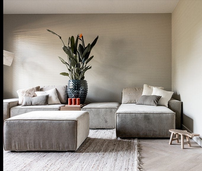 Moderne Hoekbank met Ottomaan - Stof - Grijs, Modern, Comfortabel, 250 tot 300 cm, Gebruikt, 100 tot 125 cm