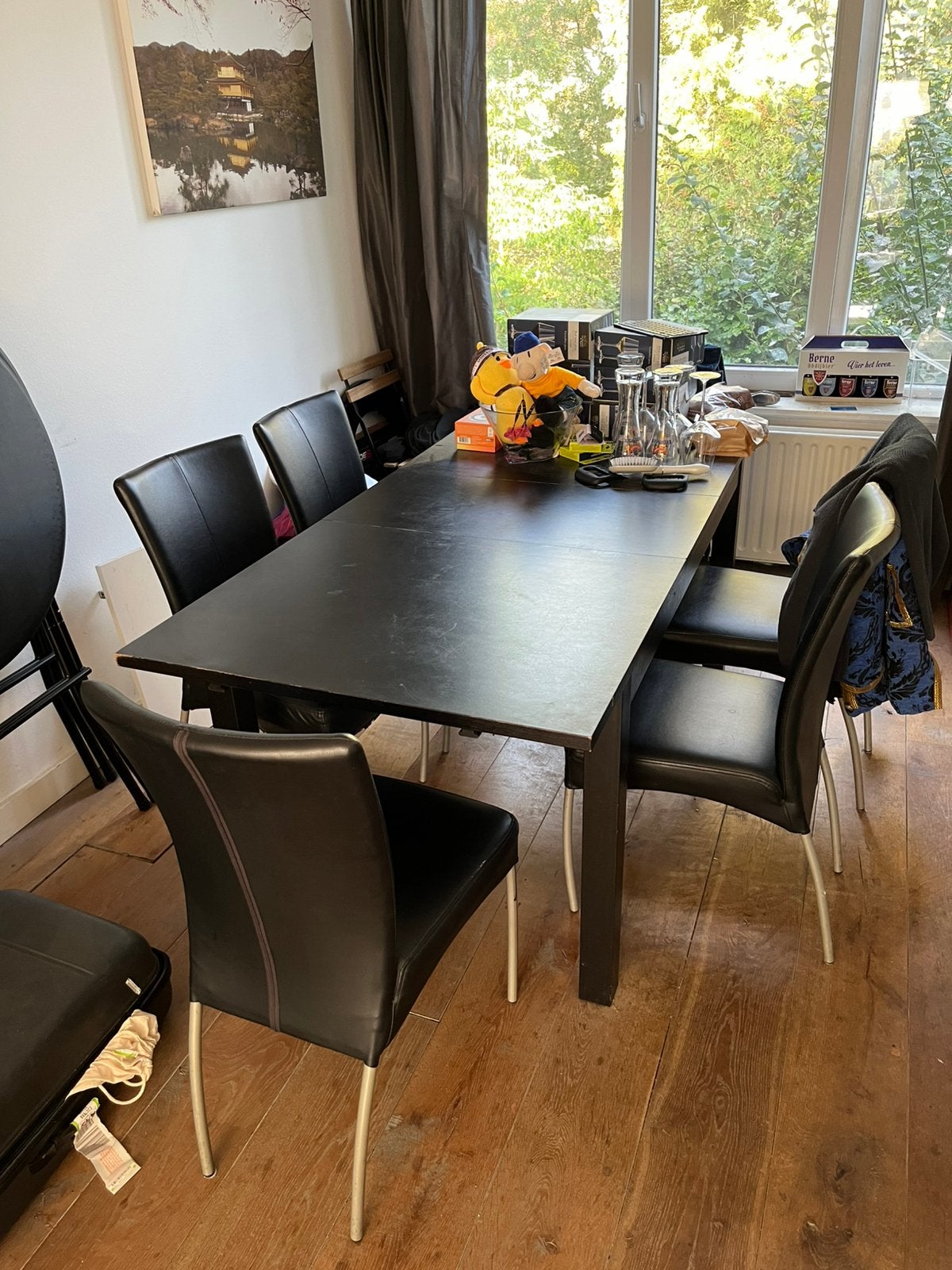 Zwarte eettafel inclusief 6 stoelen - Gratis Ophalen, Ophalen, Gebruikt, 200 cm of meer, 50 tot 100 cm