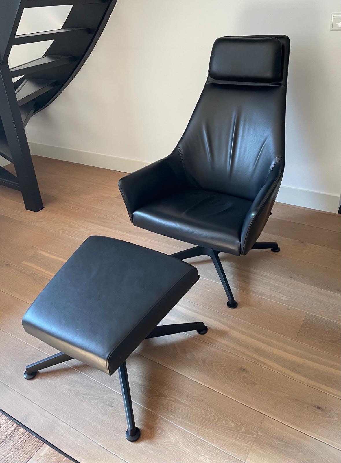 Arco Sketch lounge fauteuil en hocker: zwart leer, Ophalen, Zo goed als nieuw, 50 tot 75 cm, Leer