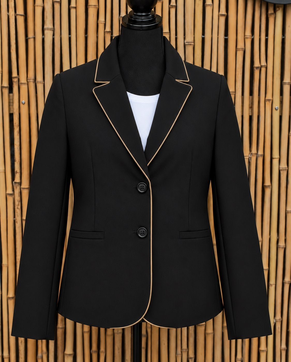 Mi Piace travelstof blazer maat: S of M black/gold piping, Verzenden, Nieuw, Maat 38/40 (M), Zwart