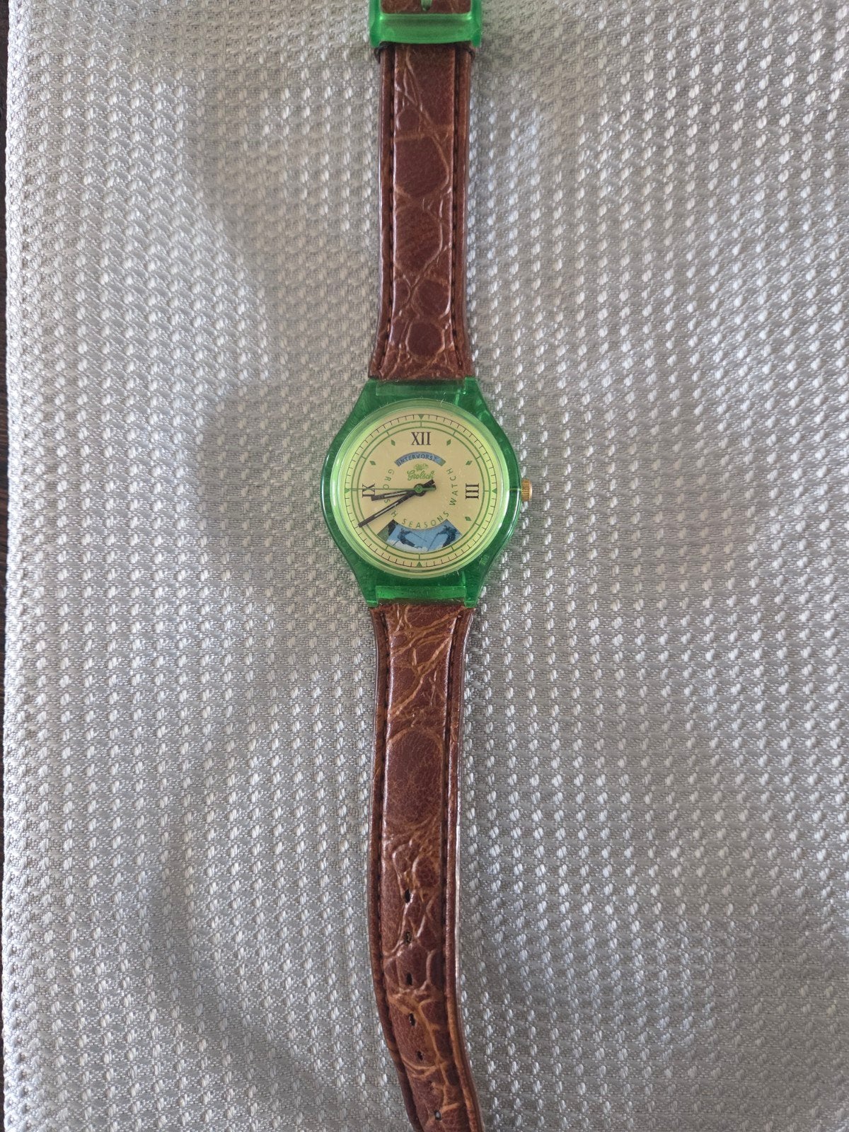 Vintage Grolsch  horloge - Groen met leren band, Overige merken, Kunststof, Polshorloge, Ophalen of Verzenden