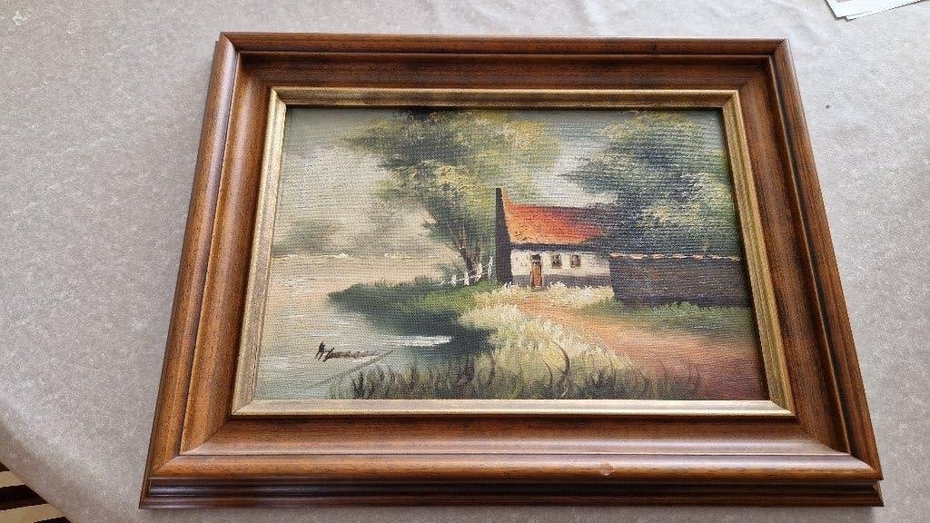 oud schilderijtje op doek gesigneerd, Antiek en Kunst, Ophalen of Verzenden, Gesigneerd, Landschap