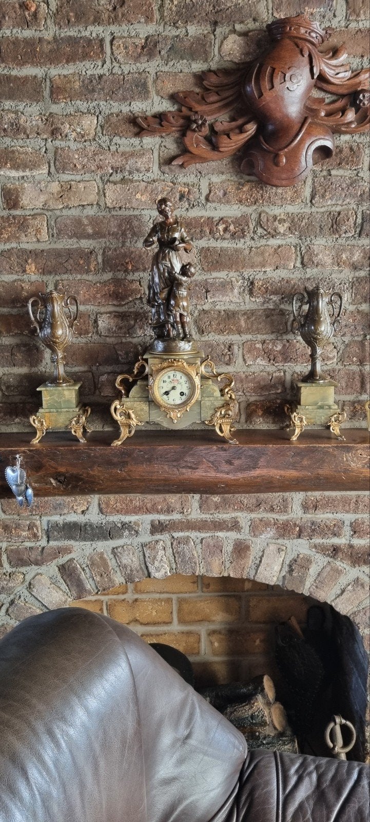 Antieke bronzen klok met marmeren sokkel en beelden, Antiek en Kunst, Ophalen of Verzenden
