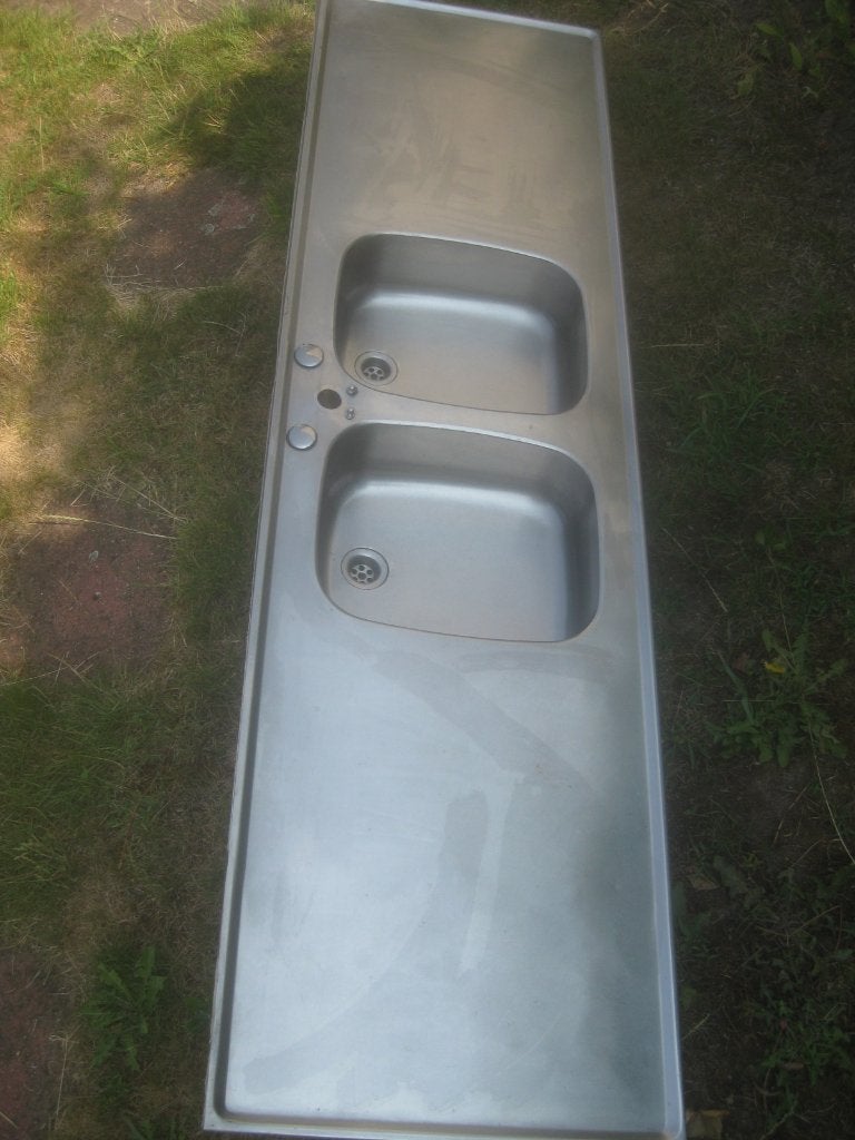 aanrechtblad rvs 200x55 twee spoelbakken jaren 50, Ophalen, Gebruikt, 150 tot 200 cm, Minder dan 100 cm