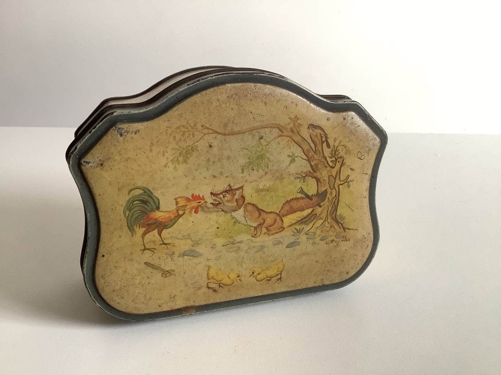 Leuk vintage koekblikje met fabel van vos en haan, Verzamelen, Ophalen of Verzenden, Gebruikt, Koek(jes), Overige merken