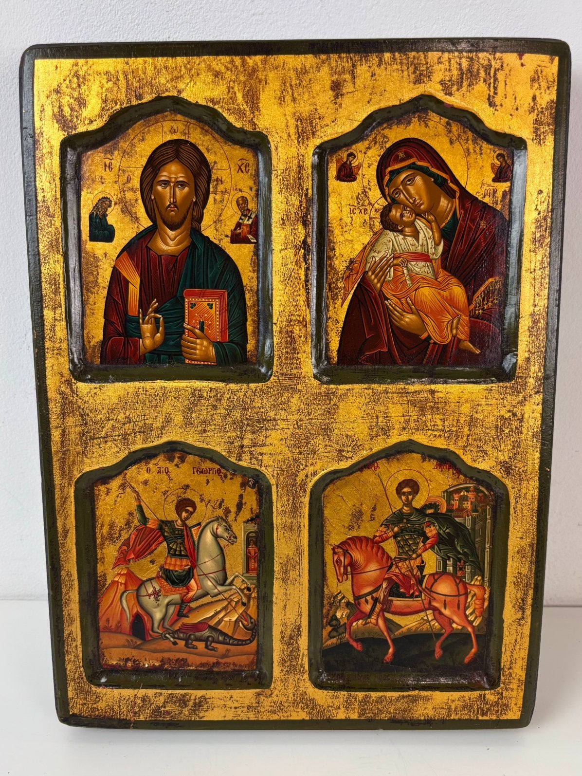 Griekse icoon met vier taferelen (tetraptiek), Antiek en Kunst, Ophalen of Verzenden