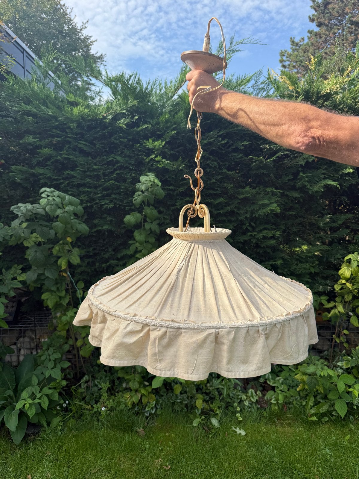 Vintage Plafondlamp met Stoffen Kap en Glazen Bol, Antiek en Kunst, Ophalen