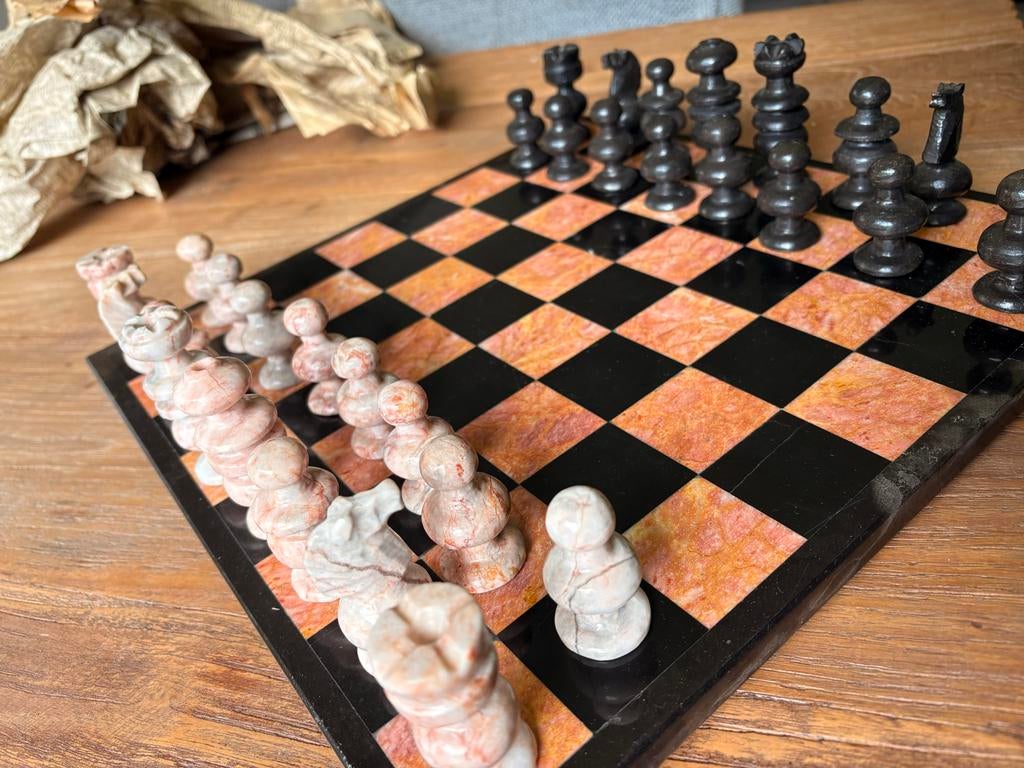 Marmer Onyx Schaakbord met Stukken, Ophalen, Zo goed als nieuw, Zwart, Gehele gezicht