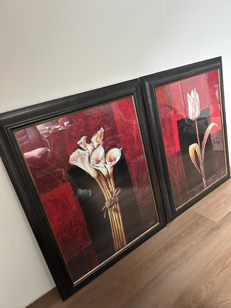 Set van 2 grote schilderijen met luxe lijsten – bloemen, Antiek en Kunst, Kunst | Schilderijen | Modern, Ophalen