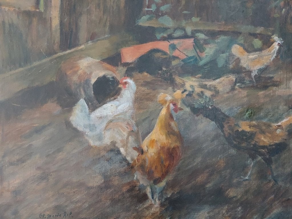 Antiek Kippen Schilderij, Ophalen, Klassiek, Olieverf, Dieren