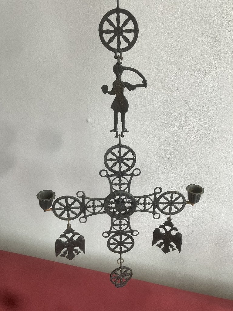 Antieke Byzantijnse Kruiskandelaar – Mystieke Wanddecoratie, Ophalen of Verzenden
