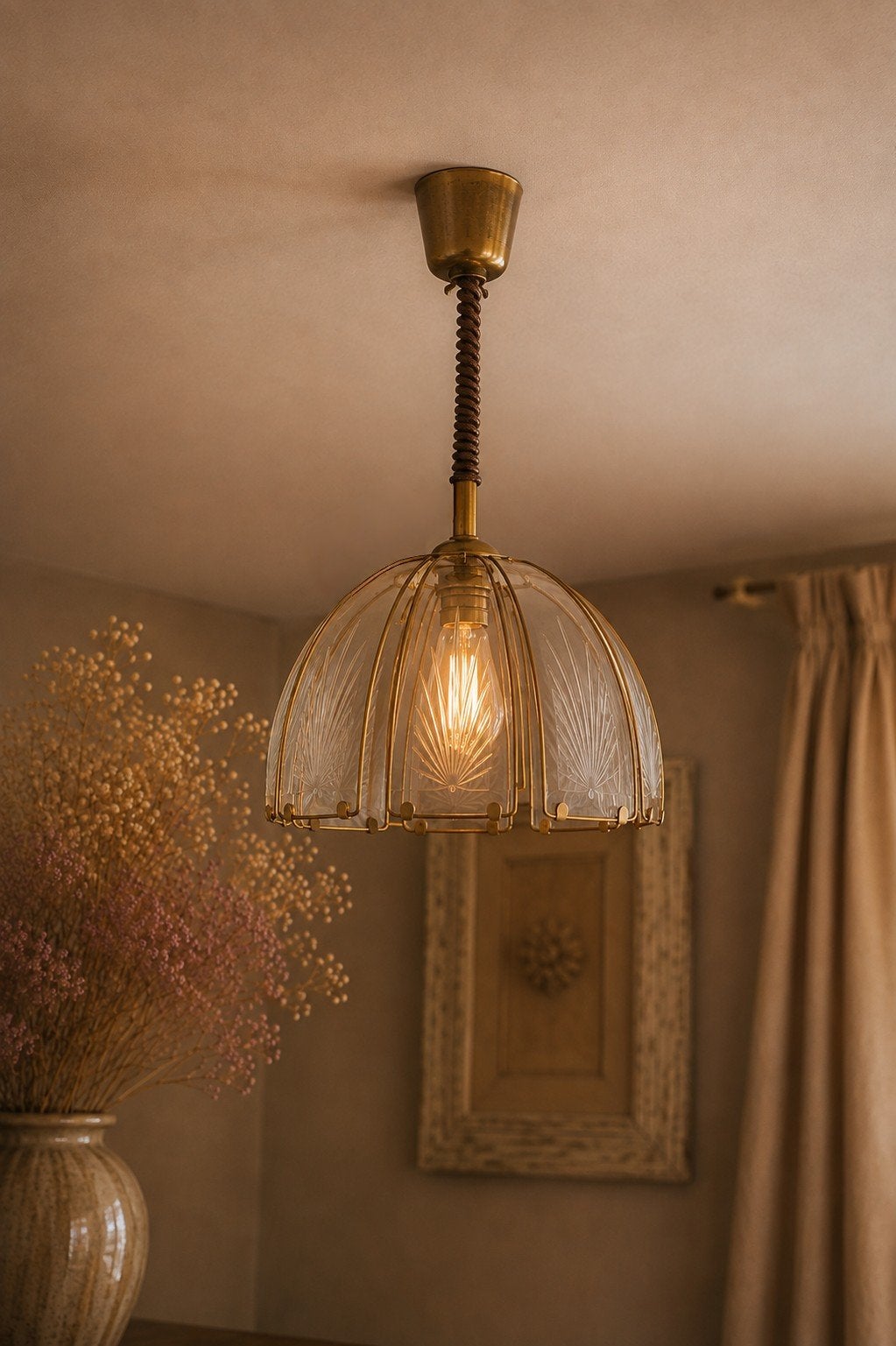 Vintage/retro messing hanglamp met glazen panelen, Ophalen of Verzenden