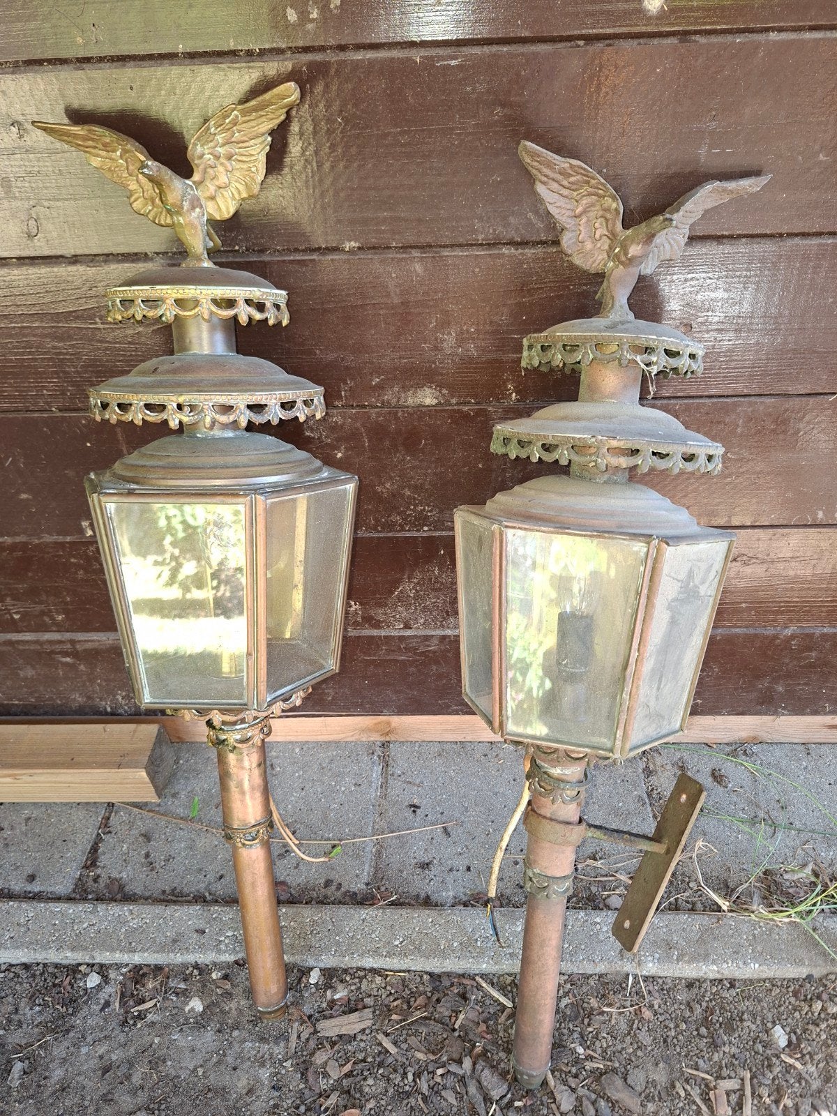 Set van 2 Antieke Koperen Buitenlampen met Adelaar, Antiek en Kunst, Ophalen
