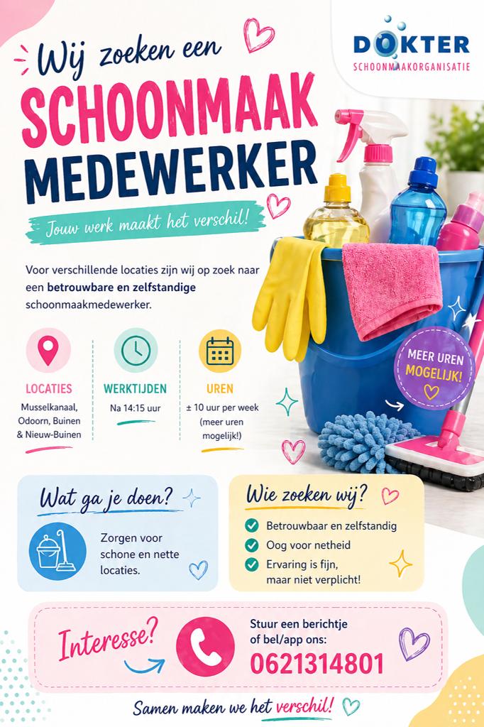 Schoonmaak medewerkers gezocht, 33 - 40 uur, Overige niveaus, Starter, Overige vormen