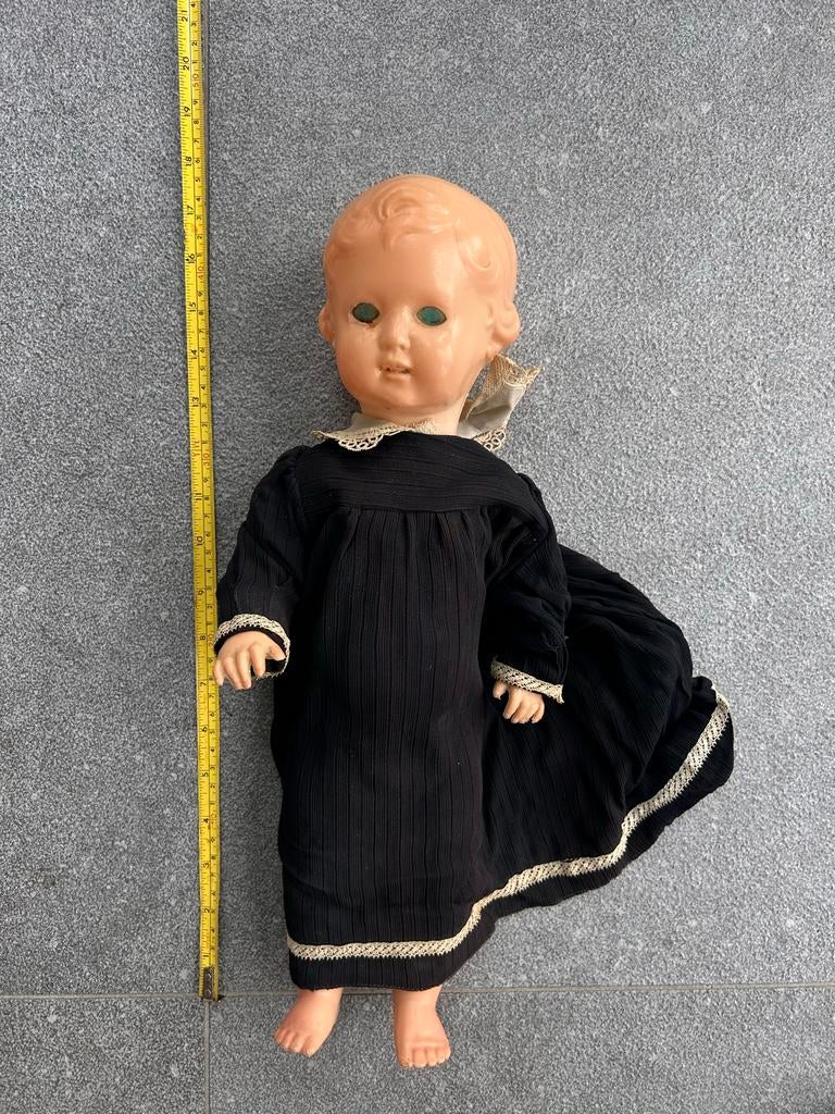 Vintage Babypop met Zwarte Jurk - Antieke Pop, Verzamelen, Poppen, Ophalen, Gebruikt, Babypop