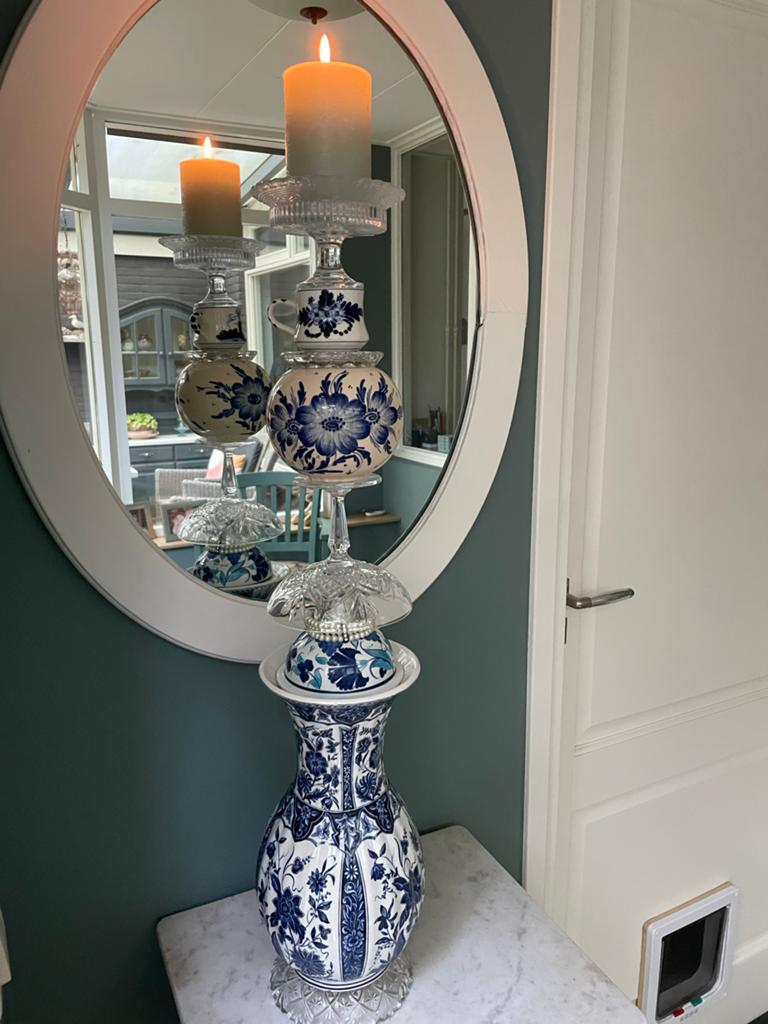 Unieke Handgemaakte Delfts Blauwe Kandelaar - 75 cm, Antiek en Kunst, Antiek | Kandelaars, Ophalen, Keramiek of Aardewerk