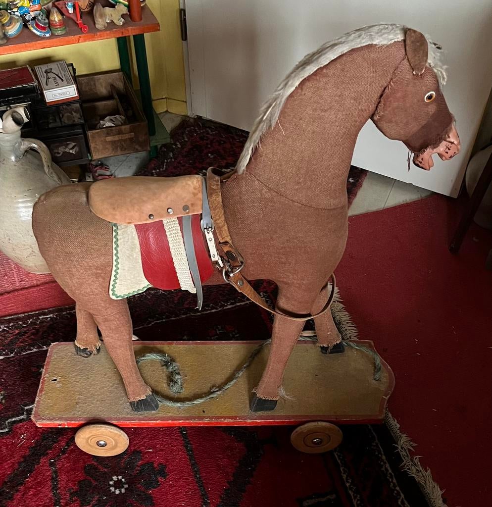 Grote Antieke Paard op Plank met Wielen, Antiek en Kunst, Ophalen
